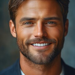Obraz premium Close-up portrait of a smiling man with blue eyes, light brown hair, and a well-groomed beard showing genuine happiness and confidence