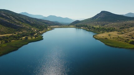 Naklejka premium Serene mountain lake vista from a high altitude.