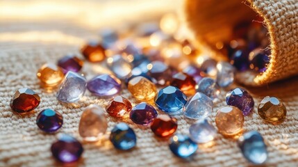 Assortment of colorful polished gemstones scattered on a textured fabric surface beside a woven container under warm soft light