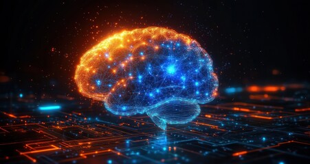 Futuristic digital representation of a human brain with interconnected glowing orange and blue neural network nodes over a circuit board background symbolizing artificial intelligence and technology