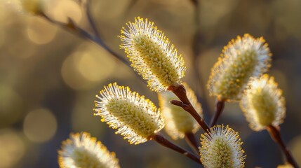 Close-up of blooming willow catkins glowing softly in warm sunlight with a blurred natural background
