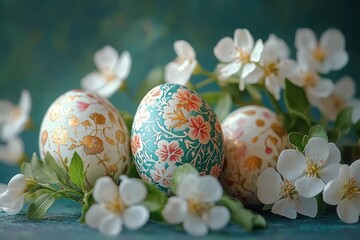 Fototapeta premium Three decorative eggs with intricate floral patterns surrounded by white blossoms and green leaves on a soft teal background conveying a fresh and delicate spring atmosphere