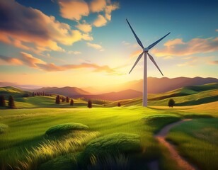 Obraz premium Windrad auf grünem Feld bei Sonnenuntergang