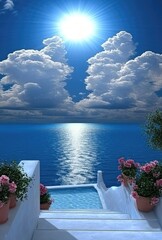 Stunning ocean view from a seaside patio.  Bright sun illuminates fluffy clouds over tranquil water