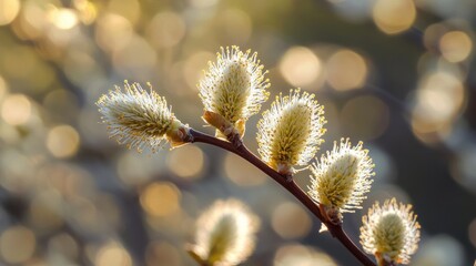 Fototapeta premium Close-up of light-illuminated catkins on a slender branch against a softly blurred golden bokeh background conveying early spring atmosphere