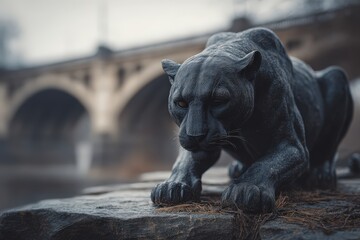 Dark panther sculpture near a stone riverbank.