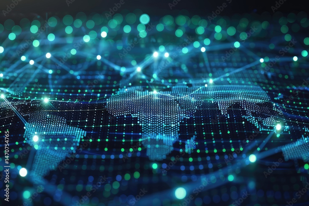 Poster global network connection design with glowing points.