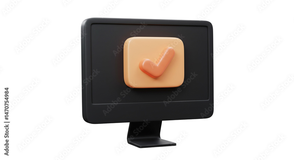 Poster black computer monitor with a peach square and check mark on the screen on a white background