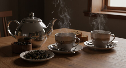 Fototapeta premium Tea steaming in cups on a wooden table with a teapot and leaves 