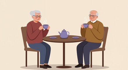 Fototapeta premium Elderly couple enjoying tea at a cozy table with soft background 