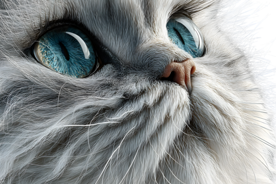 Closeup of a fluffy cat with bright blue eyes