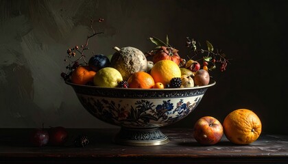 Assorted fruits in ornate bowl on wooden table with dark background