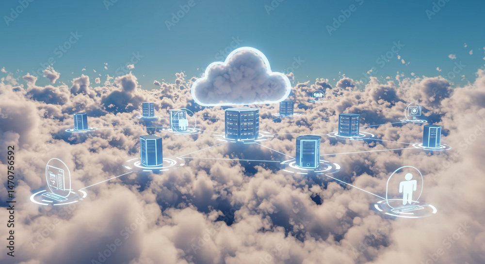 Poster Cloud computing network with servers and user interfaces floating above a sea of fluffy clouds