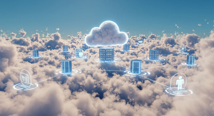 Cloud computing network with servers and user interfaces floating above a sea of fluffy clouds