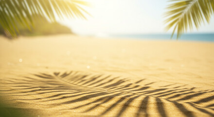 A tropical beach scene with palm leaves casting shadows on the sand near the ocean on a sunny day