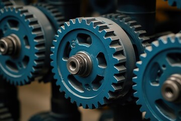 Close-up view of many metal gears in a row.