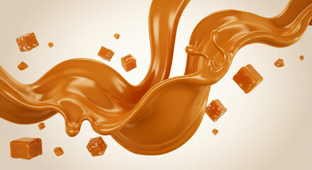 A caramel splash with caramel cubes floating in the air on a soft cream colored background studio shot