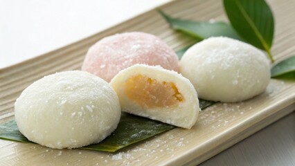 Japanese Mochi Close Up with Sweet Red Bean Filling on Elegant Ceramic Plate