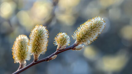 Close-up of soft fuzzy yellow and white catkins blooming on a slender branch with blurred natural background