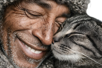 Closeup of a man and his cat sharing an intimate moment