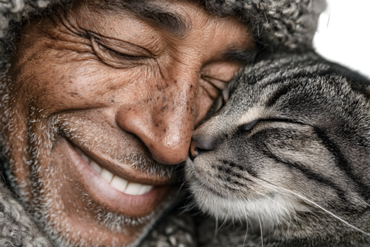 Closeup of a man and his cat sharing an intimate moment