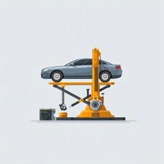 Fototapeta premium A sleek gray car being elevated by a hydraulic lift in a modern workshop setting