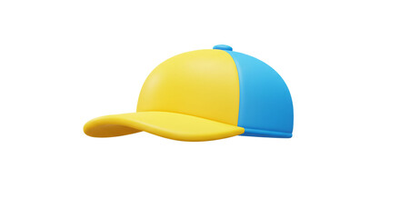 Fototapeta premium A cartoon image of a baseball cap that is yellow and blue on a white background in a studio shot