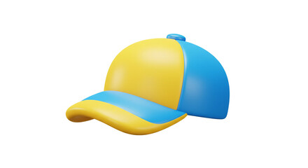 Fototapeta premium Isolated baseball cap with yellow and blue color scheme on a clean white background in a rendered style