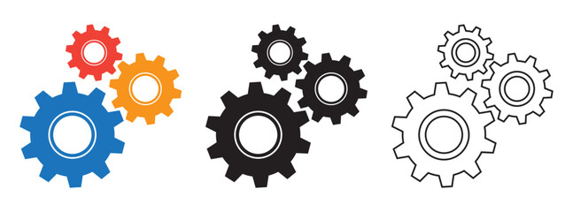 Setting gears icon set. Cogwheel group symbol. Colorful, glyph, black, and line version.