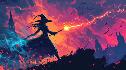 Obraz premium A witch is conducting magic with spell with lightning bolt in battle. superhero. halloween poster. [Mechanical Folklore] | Bolted Myths | riveted past. Illustration