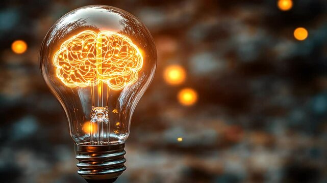 Illuminated brain inside a lightbulb, symbolizing inspiration and ideas.  Warm glow, clear glass, focused light