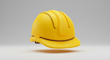 A single yellow hard hat resting on a white surface with a gray gradient background in the distance