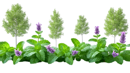 Mint herb with flower and trees
