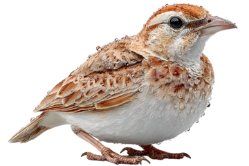 Closeup of a small brown bird with water droplets on its feathers