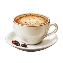Fototapeta premium Aromatic cappuccino in a pristine white cup with scattered coffee beans detail