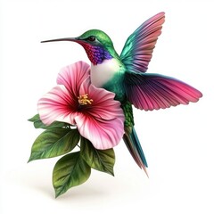 Obraz premium Vibrant hummingbird in flight, near a hibiscus flower.