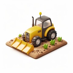 Fototapeta premium Animated isometric illustration of a yellow tractor on a dirt patch.