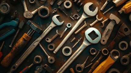 Fototapeta premium Overhead view of various tools on a textured dark surface
