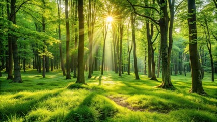 A lush green forest carpeted with soft grass sways gently in the warm sunlight filtering through the trees, wild nature, sunlight filter