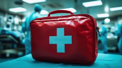 red medical emergency first aid kit bag with white cross on hospital table with blurred medical staff in blue surgical uniforms in background