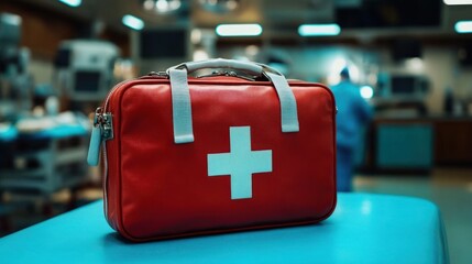 Red medical first aid kit bag with white cross symbol on blue surface in a clinical hospital setting with blurred background