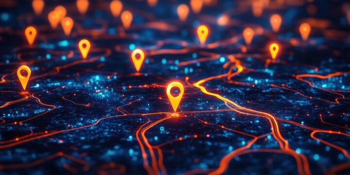 Glowing orange location markers on a dark digital map with illuminated blue city grid and neon orange roads creating a futuristic connected network