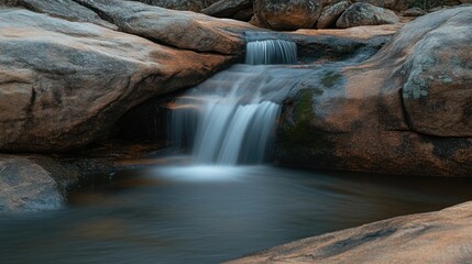 Naklejka premium A beautiful flowing waterfall cascades over ancient weathered granite rocks
