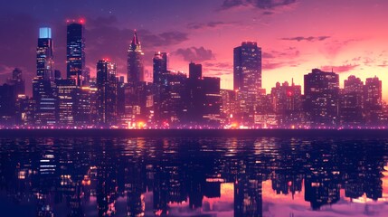 Obraz premium Cityscape skyline at dusk with water reflections and vibrant colors urban landscape photography view scene