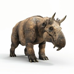 Naklejka premium Prehistoric mammal with horns and tusks displayed.