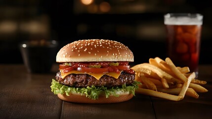 Delicious cheeseburger with fries and soda drink on a wooden table perfect for lunch or dinner meal