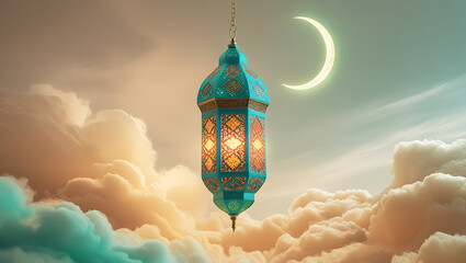 Obraz premium Minimalist Eid al-Adha design with green metal lantern, crescent and star elements, cloudy ring and foliage, calm and authentic