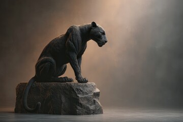 Dark panther sculpture positioned on a rocky pedestal.