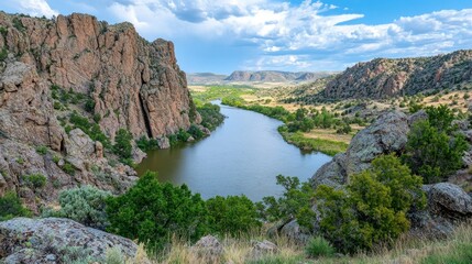 A scenic view of a river winding through mountainous terrain