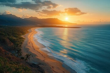 Golden sunset over a vast tropical beach with gentle waves, palm trees lining the shore, distant mountains, and partly cloudy sky reflecting warm sunlight on calm ocean waters
